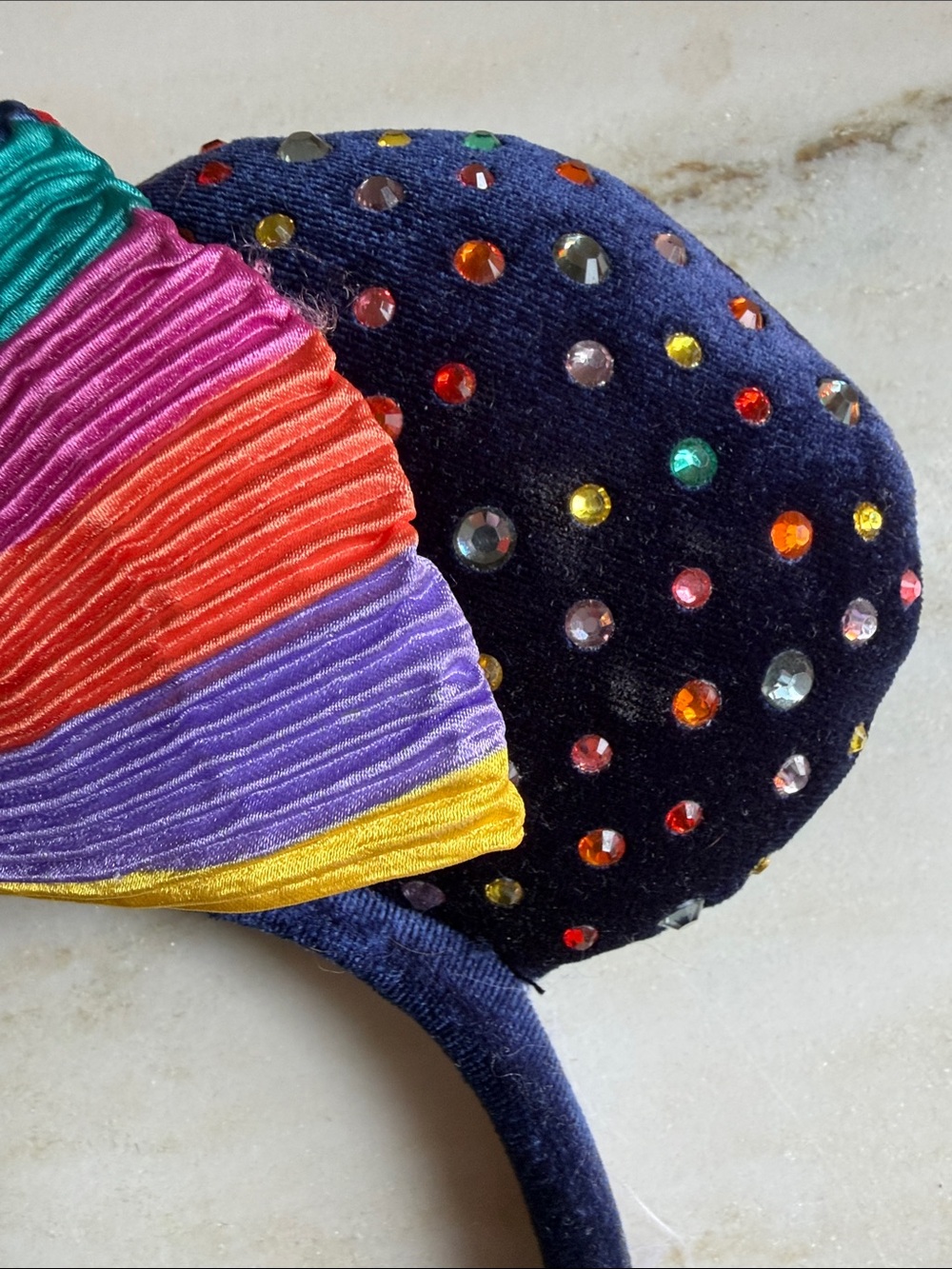 Disney Navy Colorful Minnie Ears Headband with Rainbow Pleated Bow & Gemstones - Picture 5 of 5